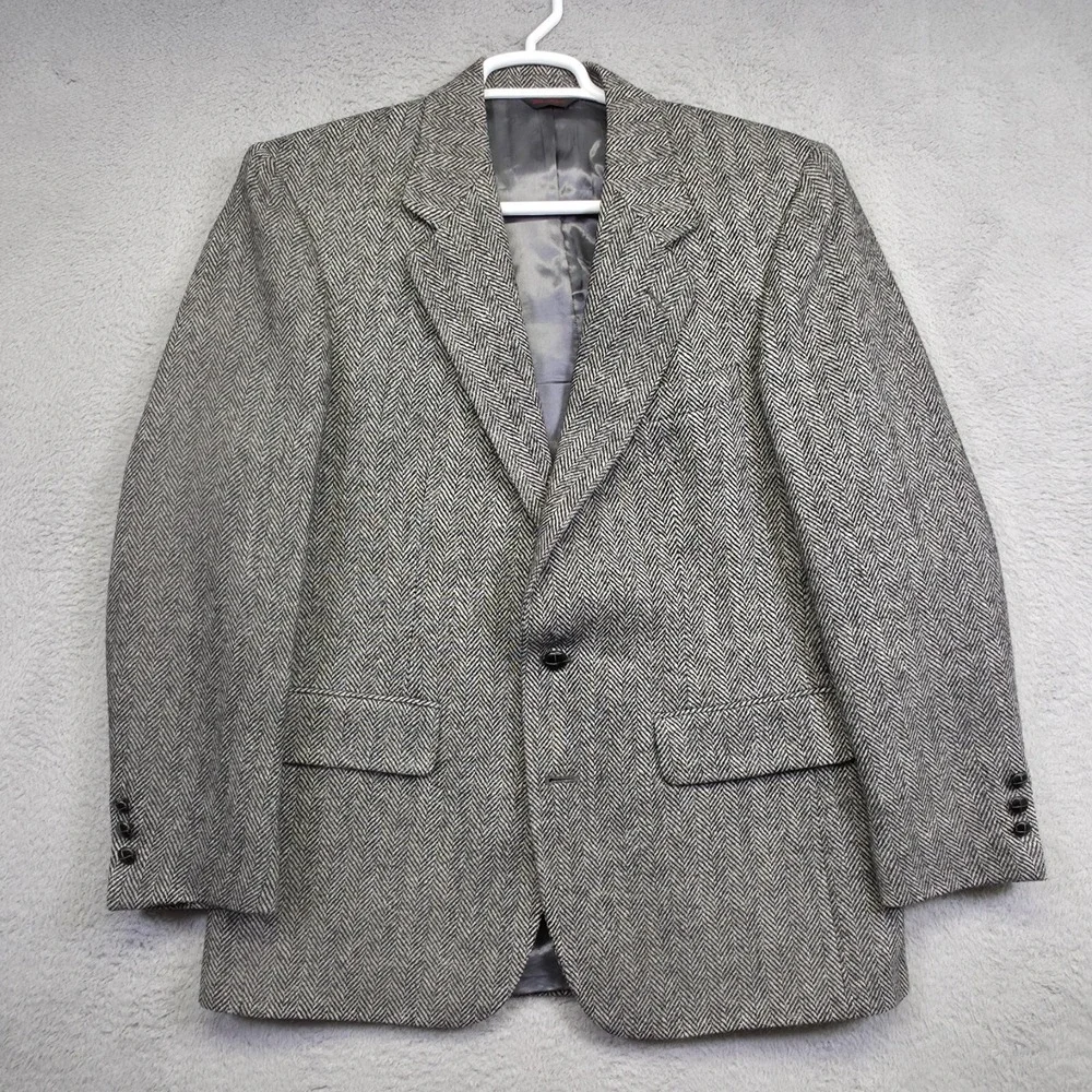 Savile Row Sport Coat Mens 42‎ Gray Herringbone Classic Wool Blazer Tweed Jacket